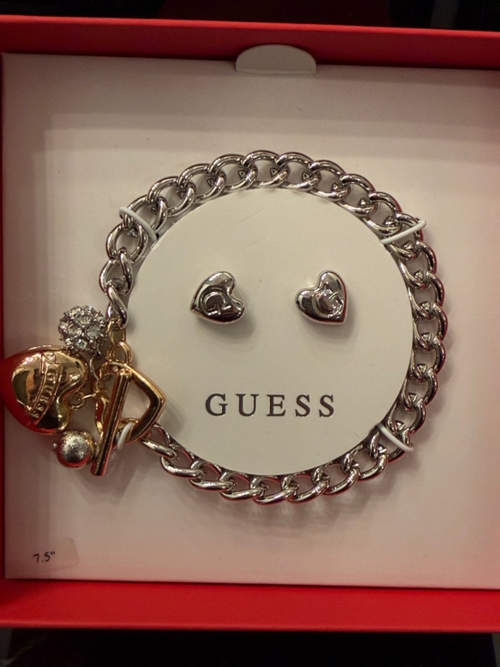 Guess Silver Chain Bracelet with Gold and Silver Heart Charms Earrings Gift Set